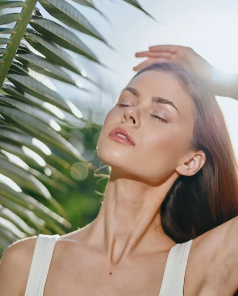 Woman standing in sunlight with closed eyes